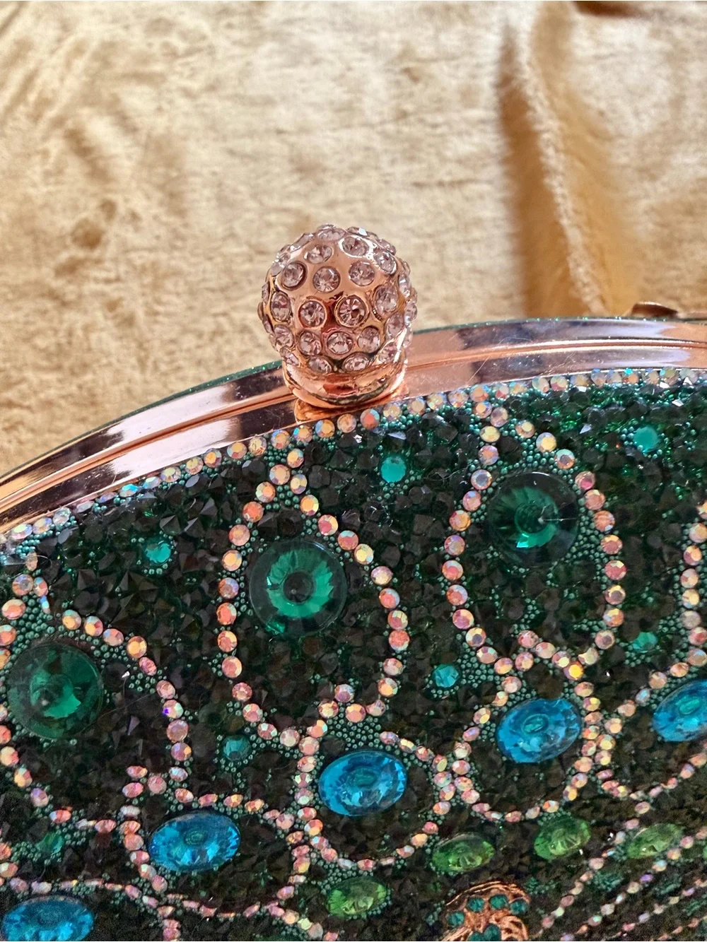 Green Peacock Crystal Evening Clutch with Gold Tone Chain